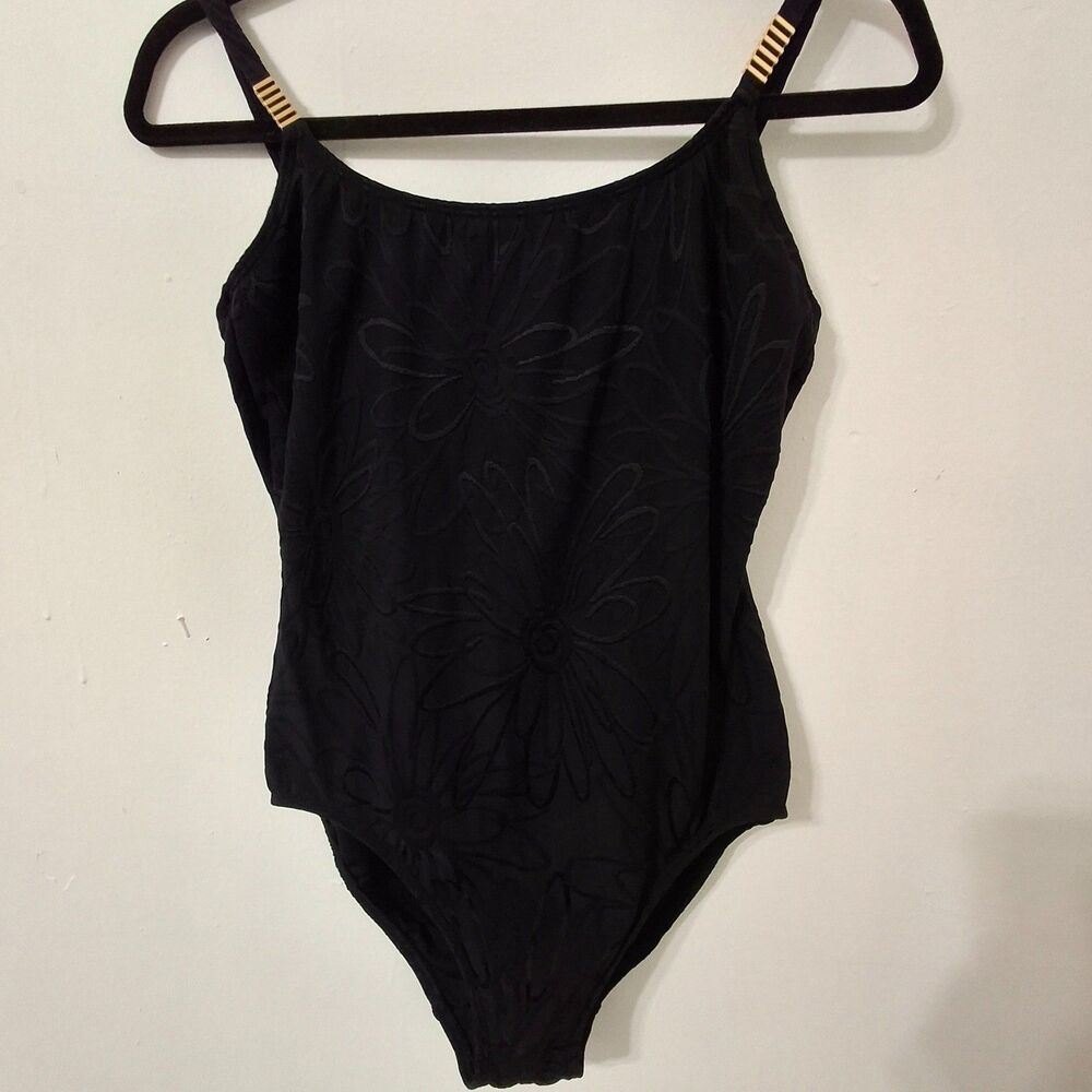 Vtg.  Serina Swimsuit Black Textured  (10) Gold Tone Hardware Tummy Control USA